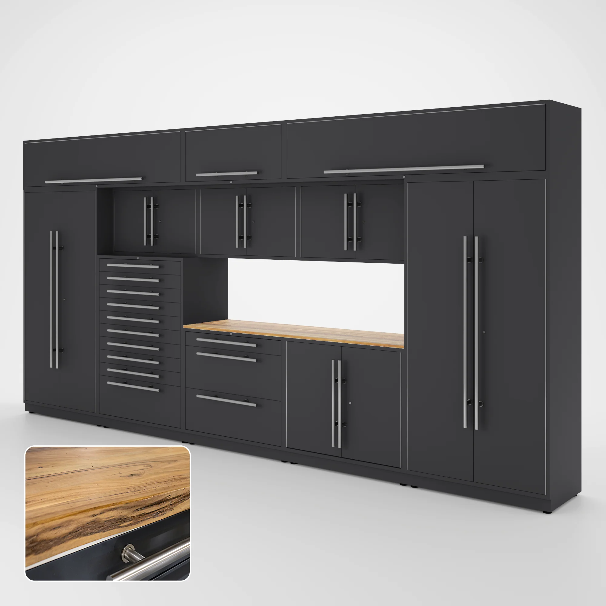 Proslat Lux Cabinets Gray 12 Piece Set with Live Edge Wood Worktop - LUXSET160411