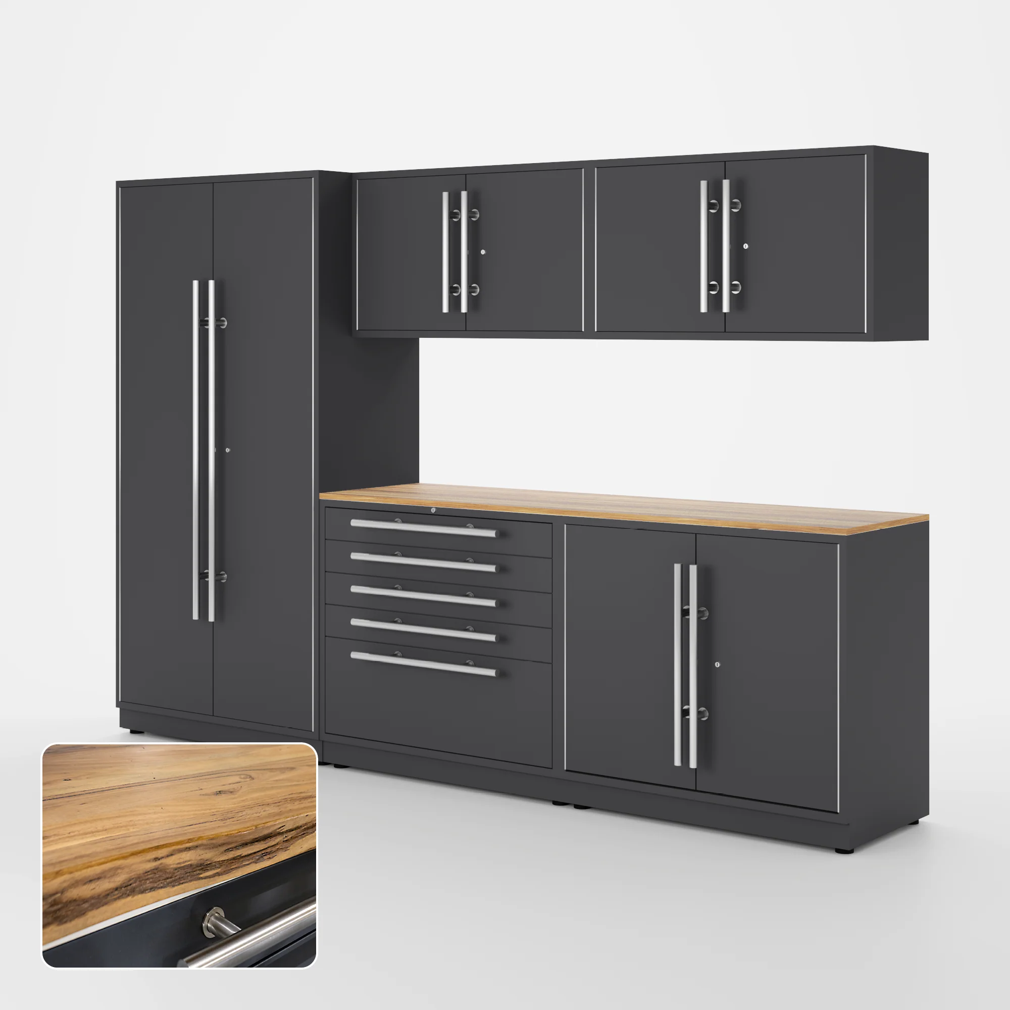 Proslat Lux Cabinets Gray 6 Piece Set with Live Edge Wood Worktop - LUXSET100381