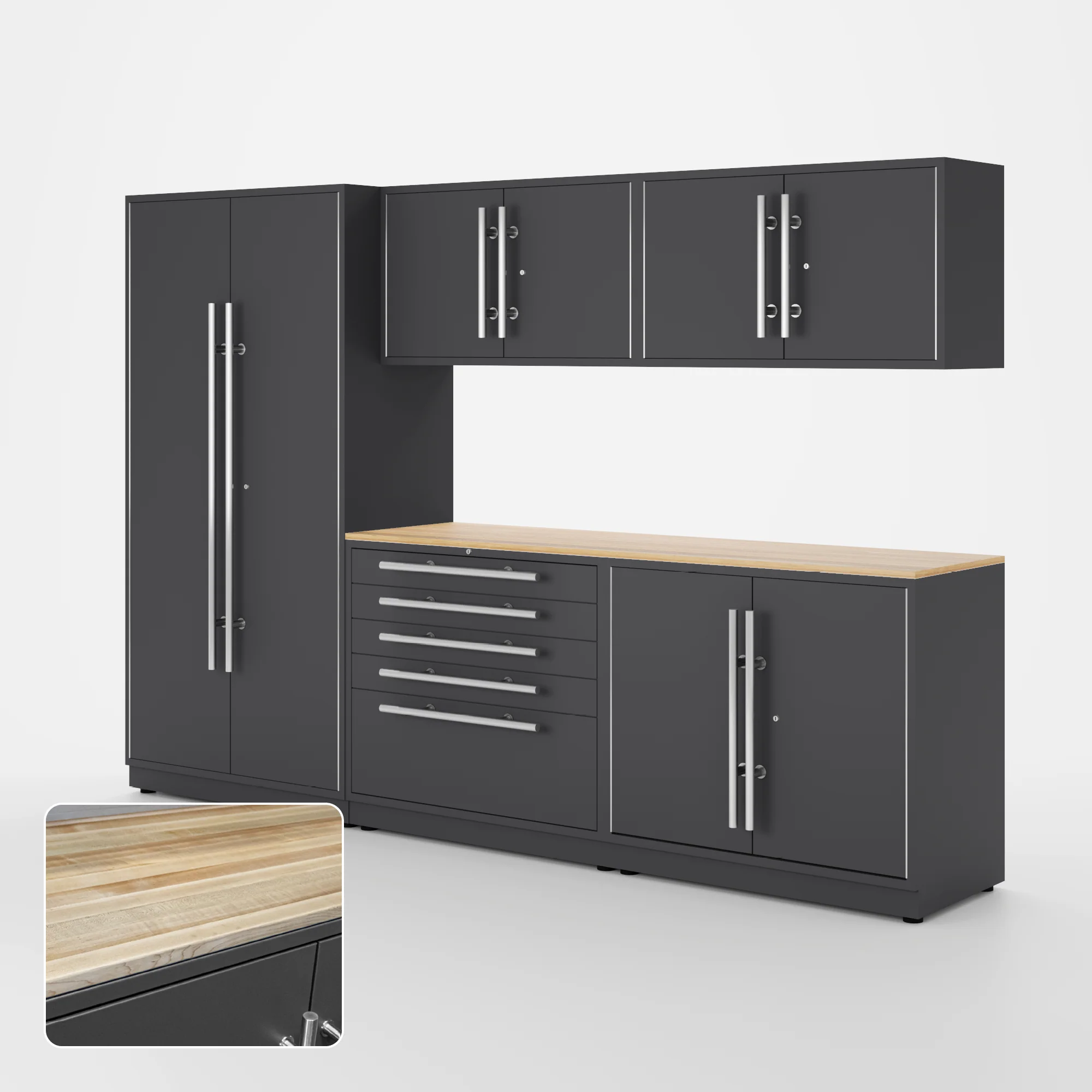 Proslat Lux Cabinets Gray 6 Piece Set with Maple Wood Worktop - LUXSET100501