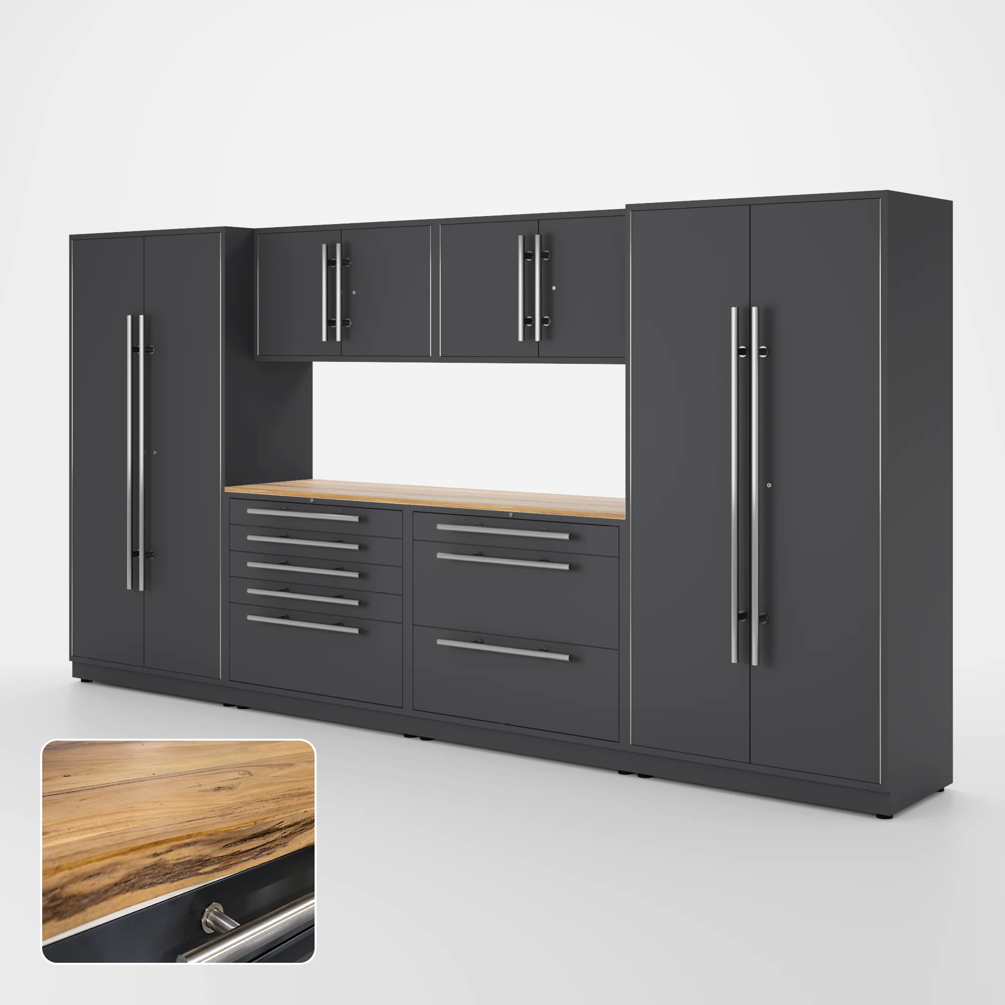 Proslat Lux Cabinets Gray 7 Piece Set with Live Edge Wood Worktop - LUXSET130401