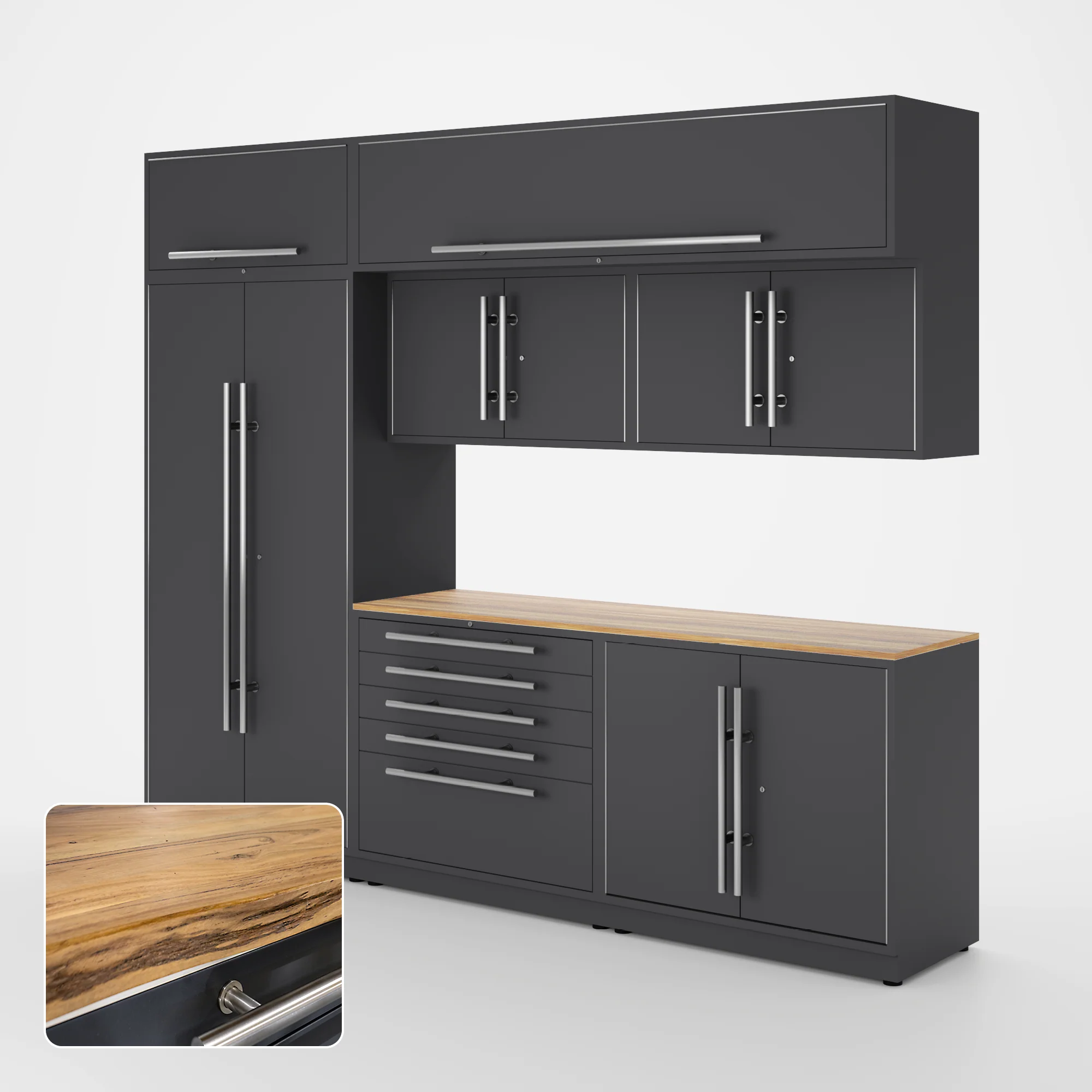 Proslat Lux Cabinets Gray 8 Piece Set with Live Edge Wood Worktop - LUXSET100391
