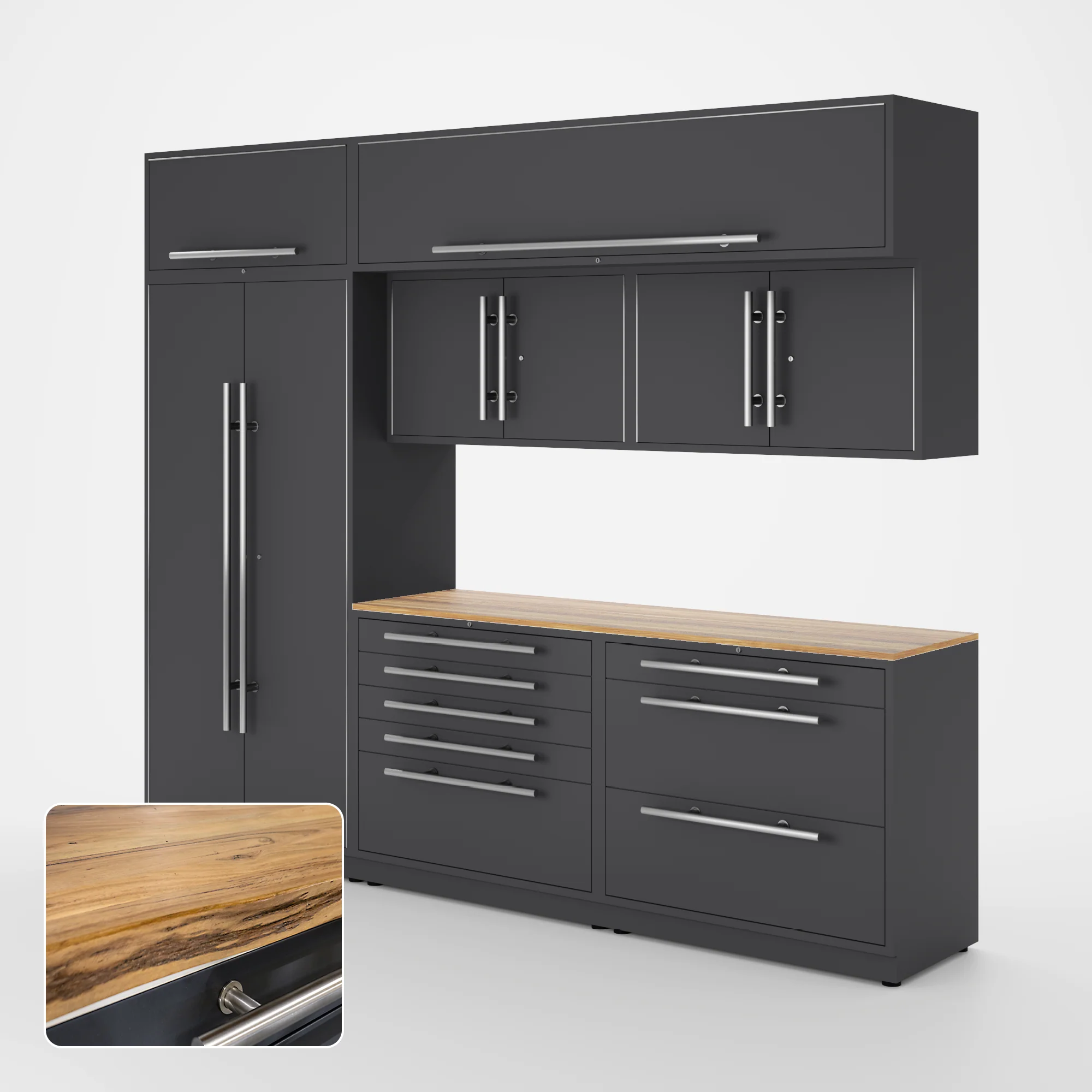 Proslat Lux Cabinets Gray 8 Piece Set with Live Edge Wood Worktop - LUXSET100411