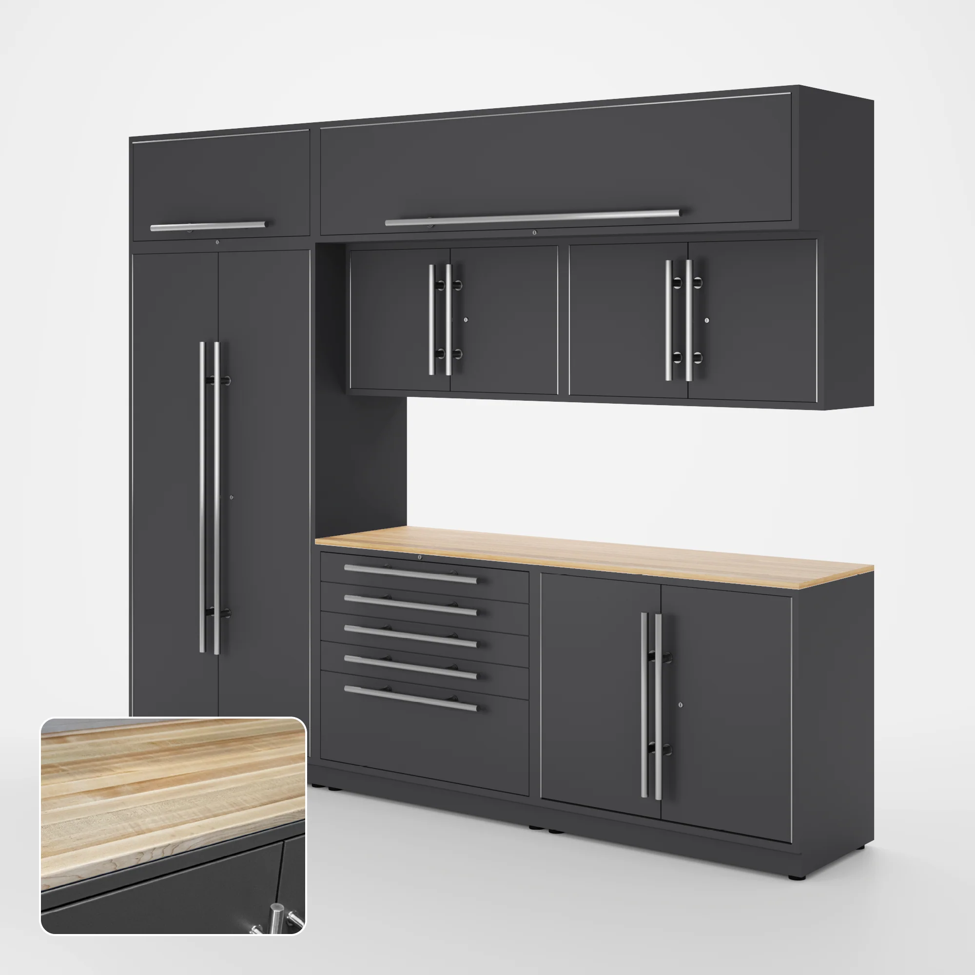Proslat Lux Cabinets Gray 8 Piece Set with Maple Wood Worktop - LUXSET100511