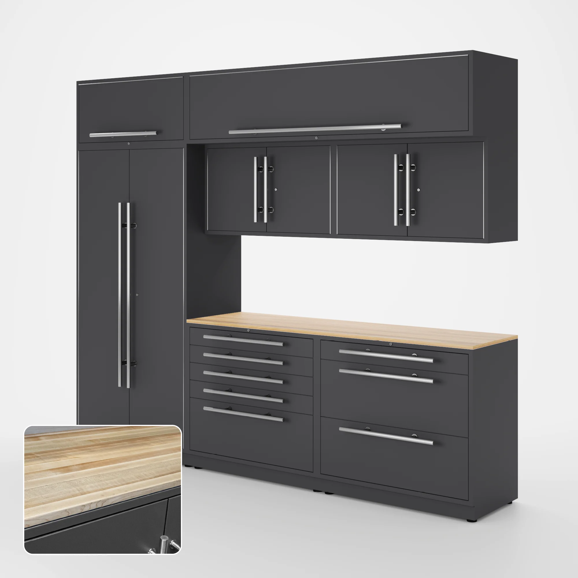 Proslat Lux Cabinets Gray 8 Piece Set with Maple Wood Worktop - LUXSET100531
