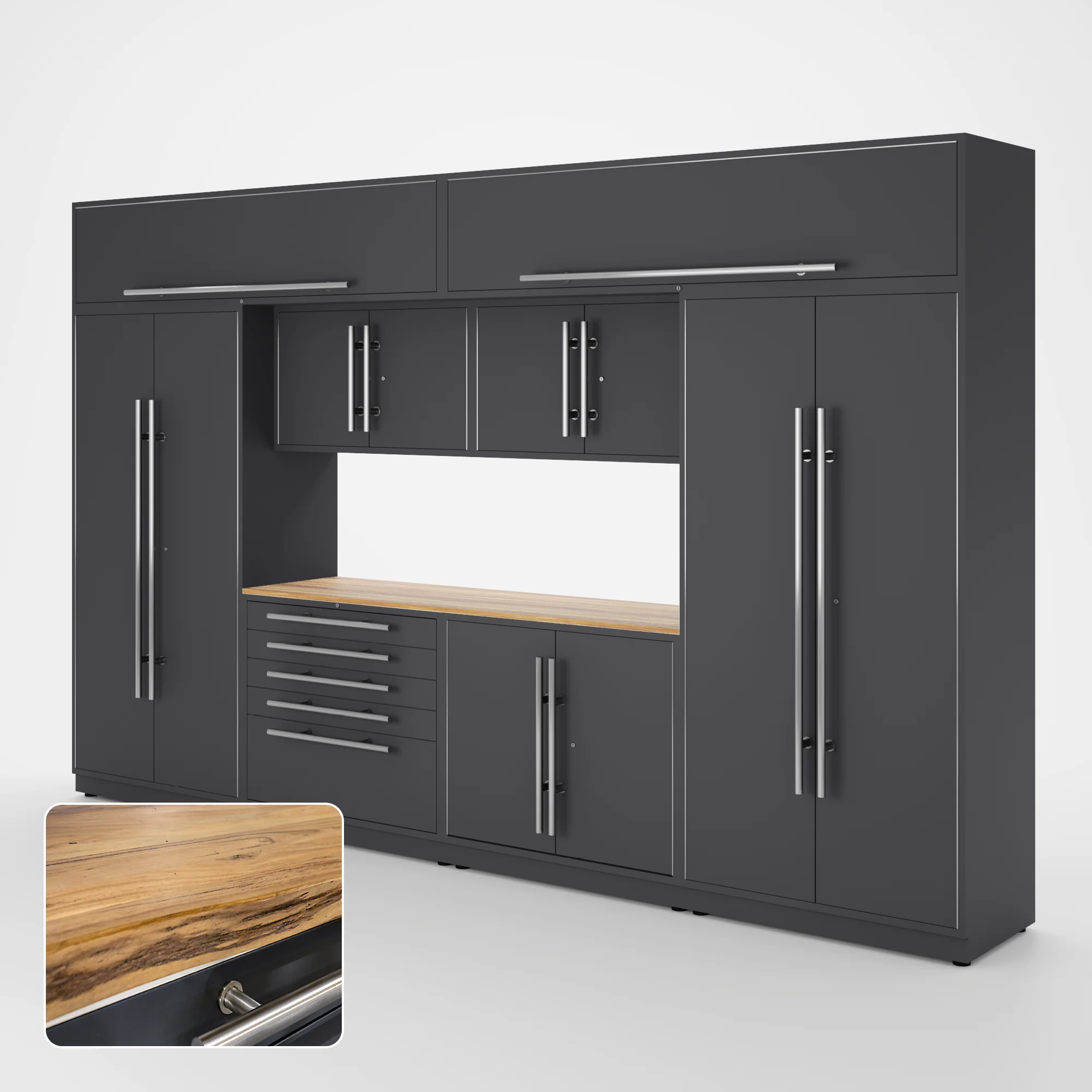 Proslat Lux Cabinets Gray 9 Piece Set with Live Edge Wood Worktop - LUXSET130391