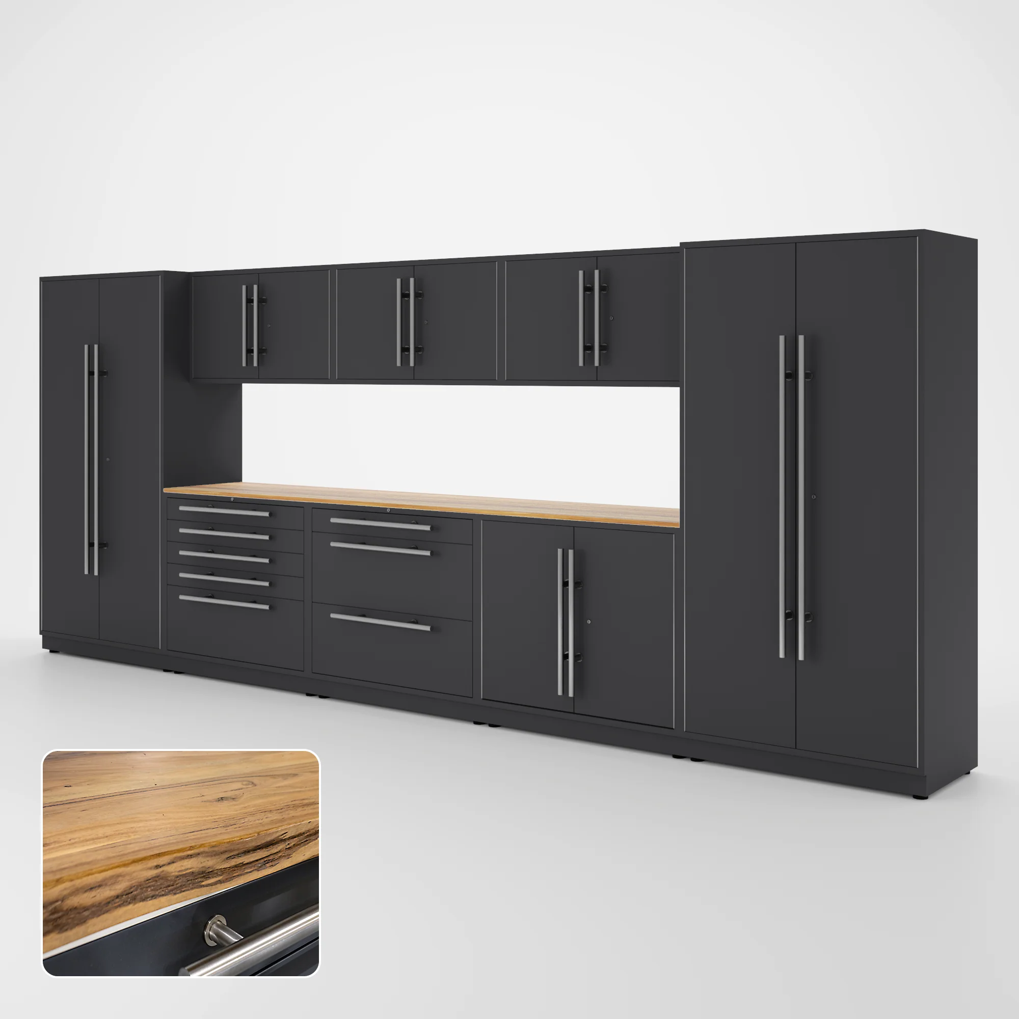 Proslat Lux Cabinets Gray 9 Piece Set with Live Edge Wood Worktop - LUXSET160381