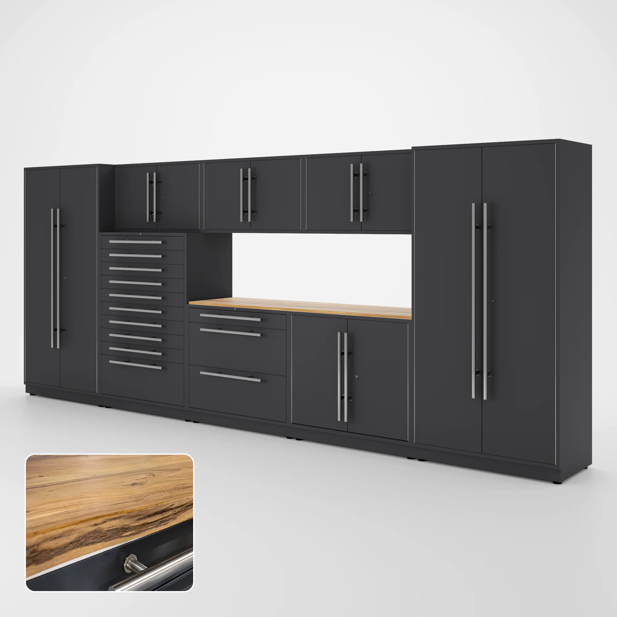 Proslat Lux Cabinets Gray 9 Piece Set with Live Edge Wood Worktop - LUXSET160401