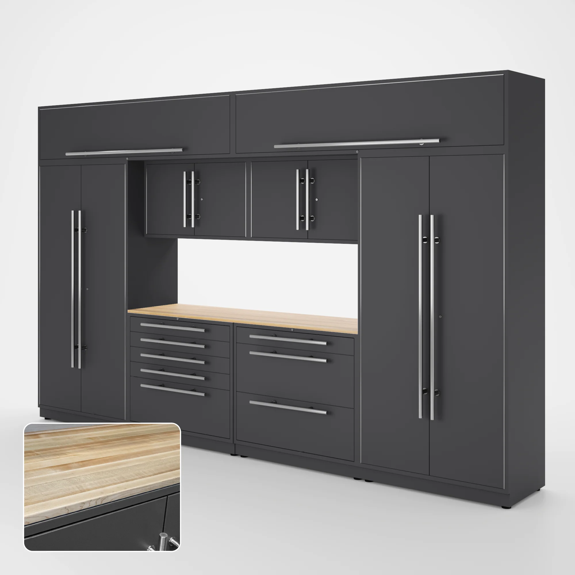 Proslat Lux Cabinets Gray 9 Piece Set with Maple Wood Worktop - LUXSET130531