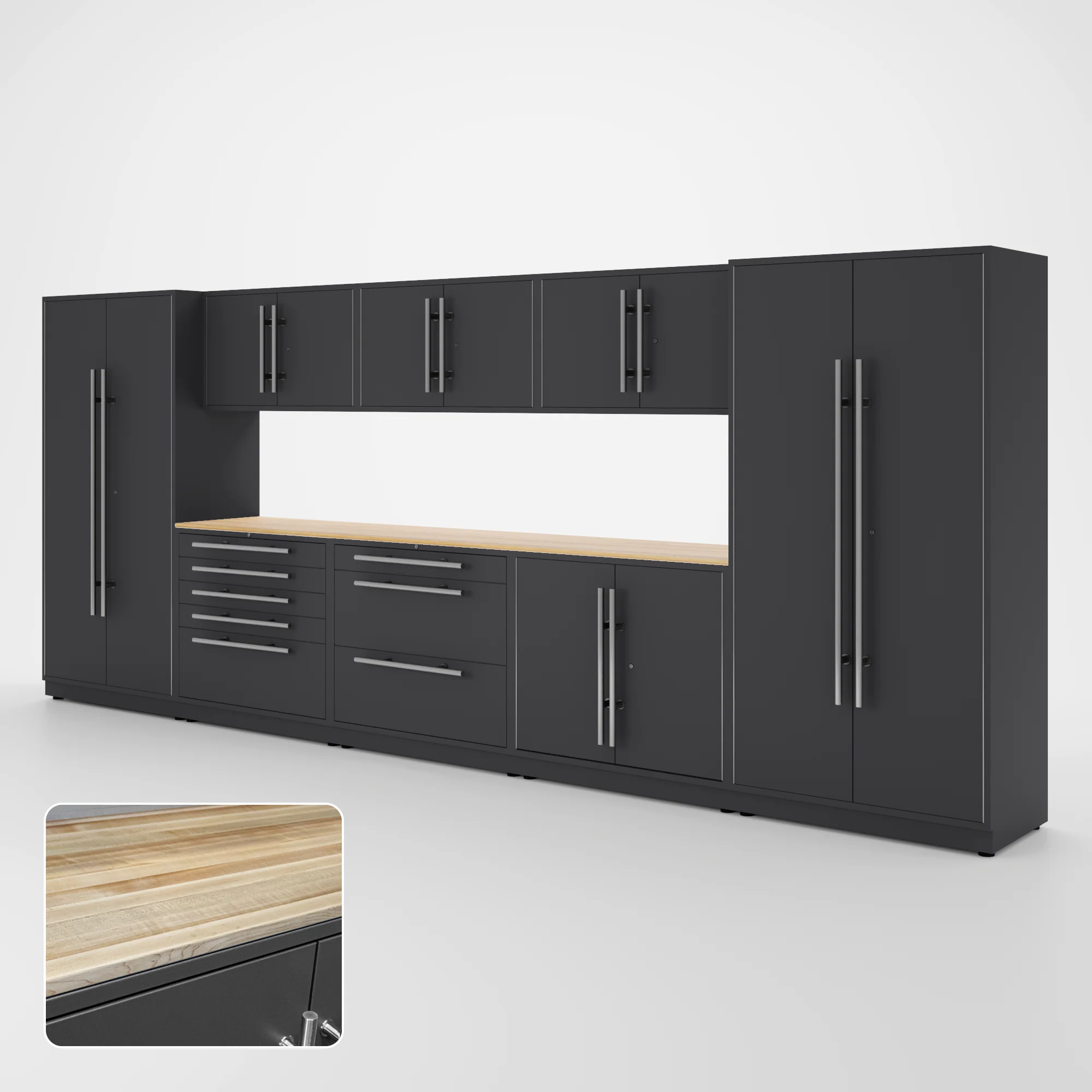 Proslat Lux Cabinets Gray 9 Piece Set with Maple Wood Worktop - LUXSET160501