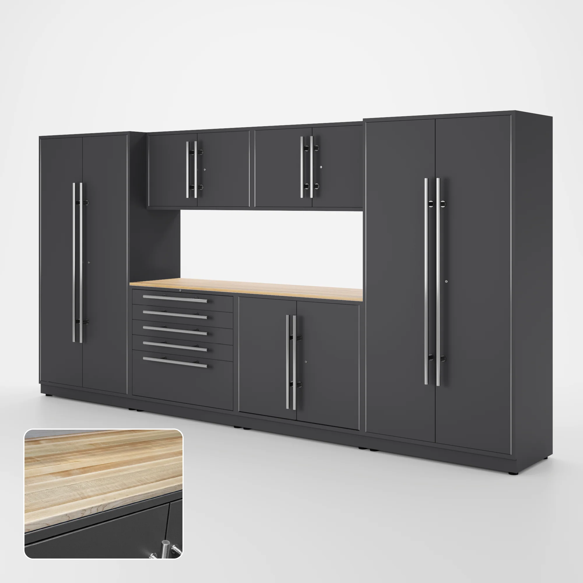 Proslat Lux Cabinets Gray 7 Piece Set with Maple Wood Worktop - LUXSET130501