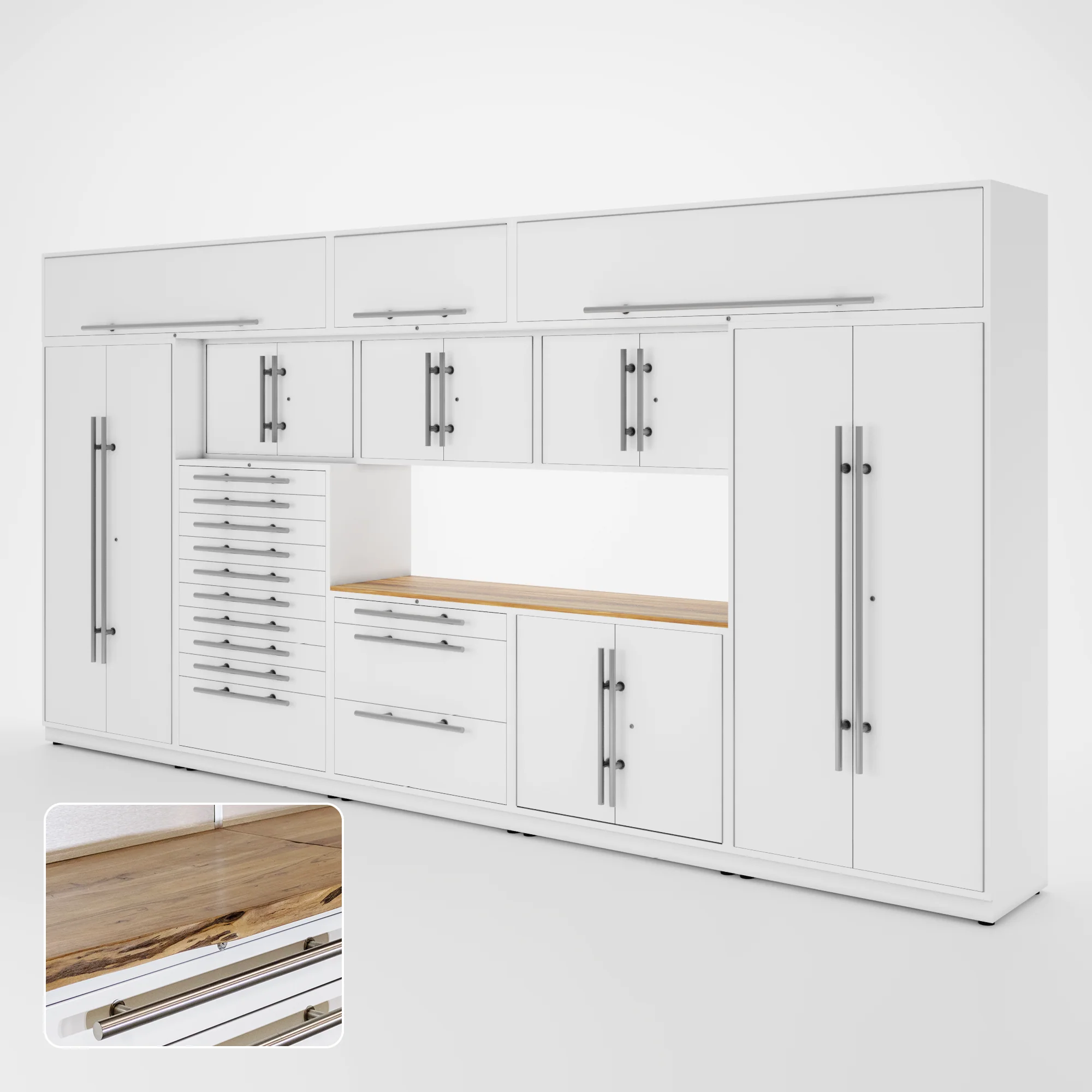 Proslat Lux Cabinets White 12 Piece Set with Live Edge Wood Worktop - LUXSET160051