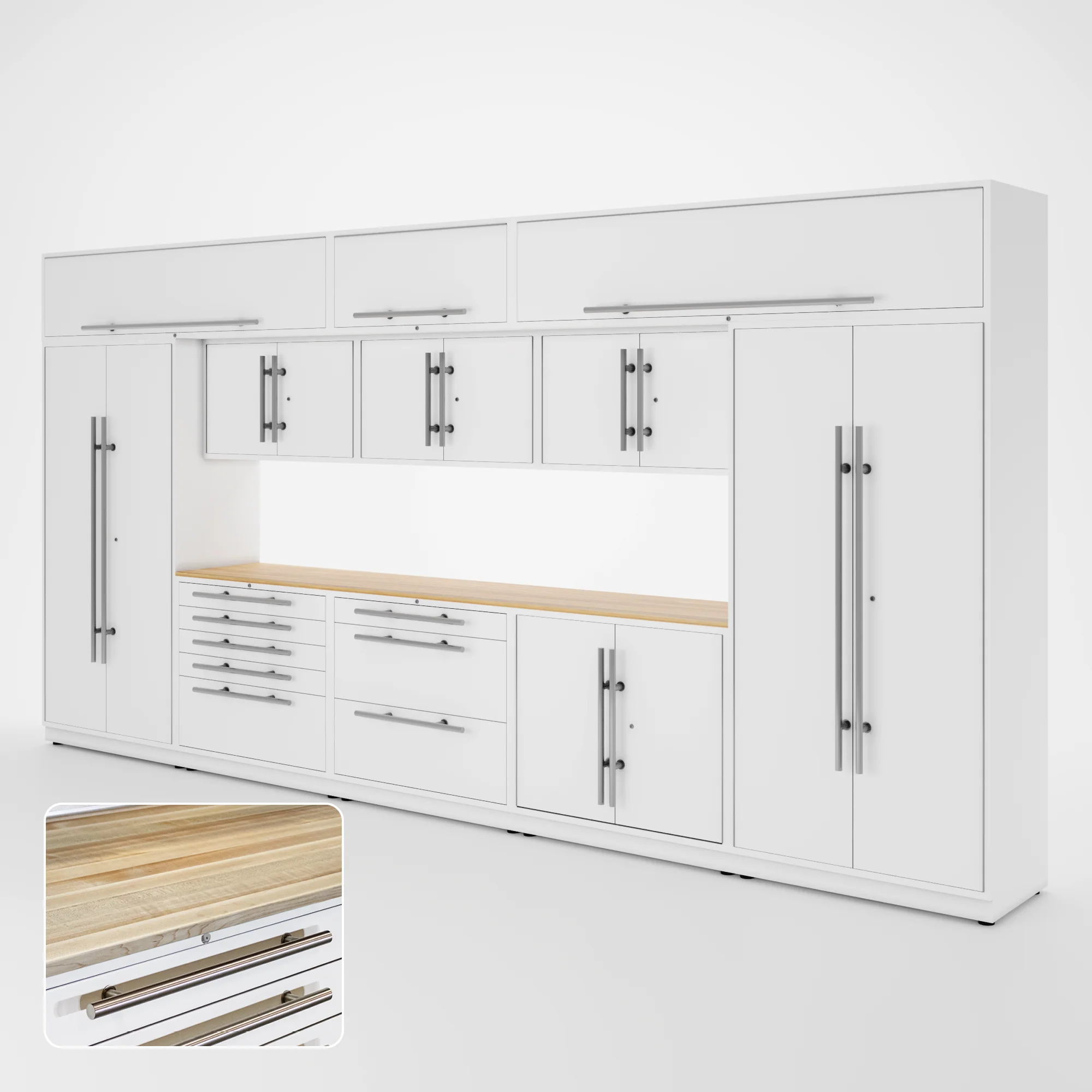 Proslat Lux Cabinets White 12 Piece Set with Maple Wood Worktop - LUXSET160151