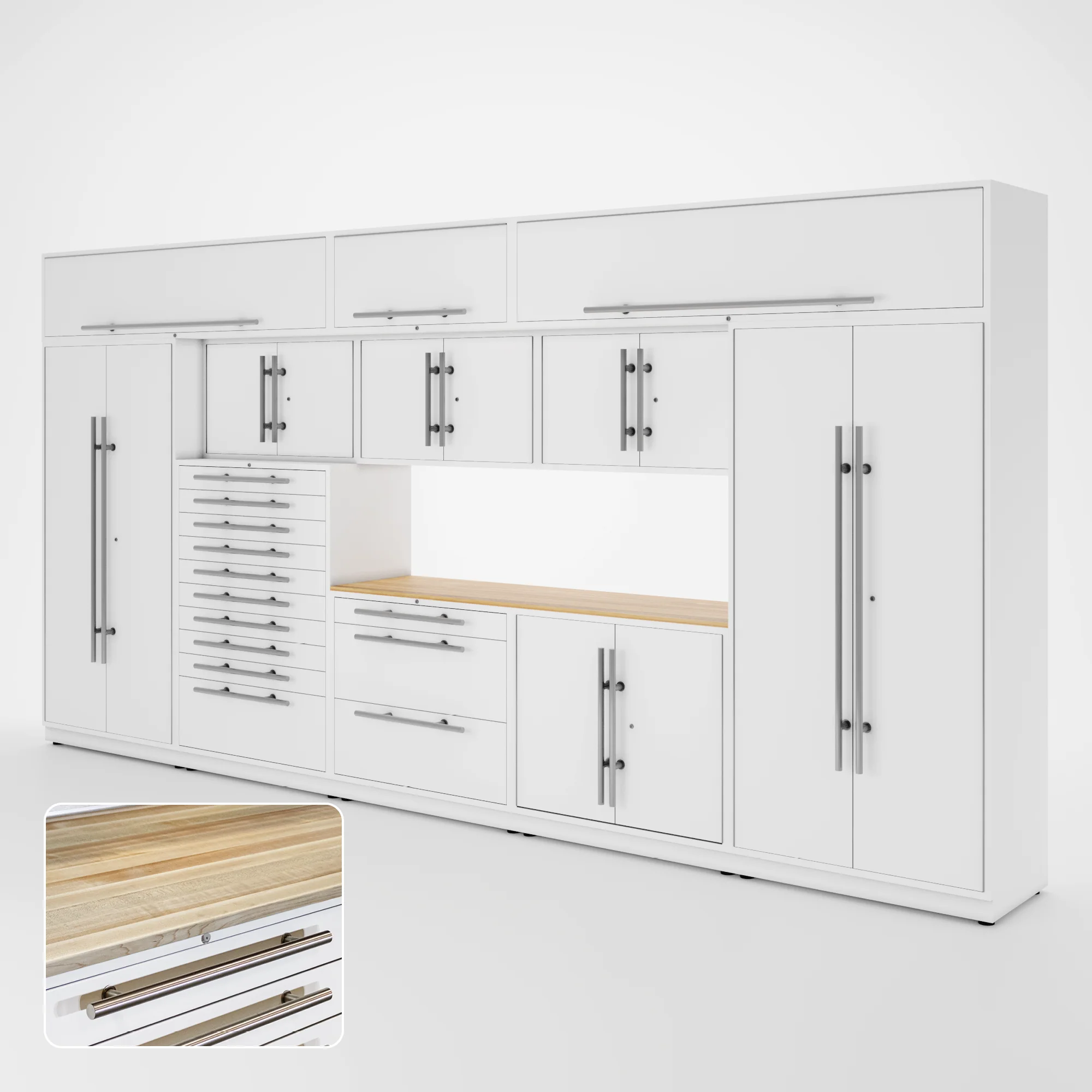 Proslat Lux Cabinets White 12 Piece Set with Maple Wood Worktop - LUXSET160171