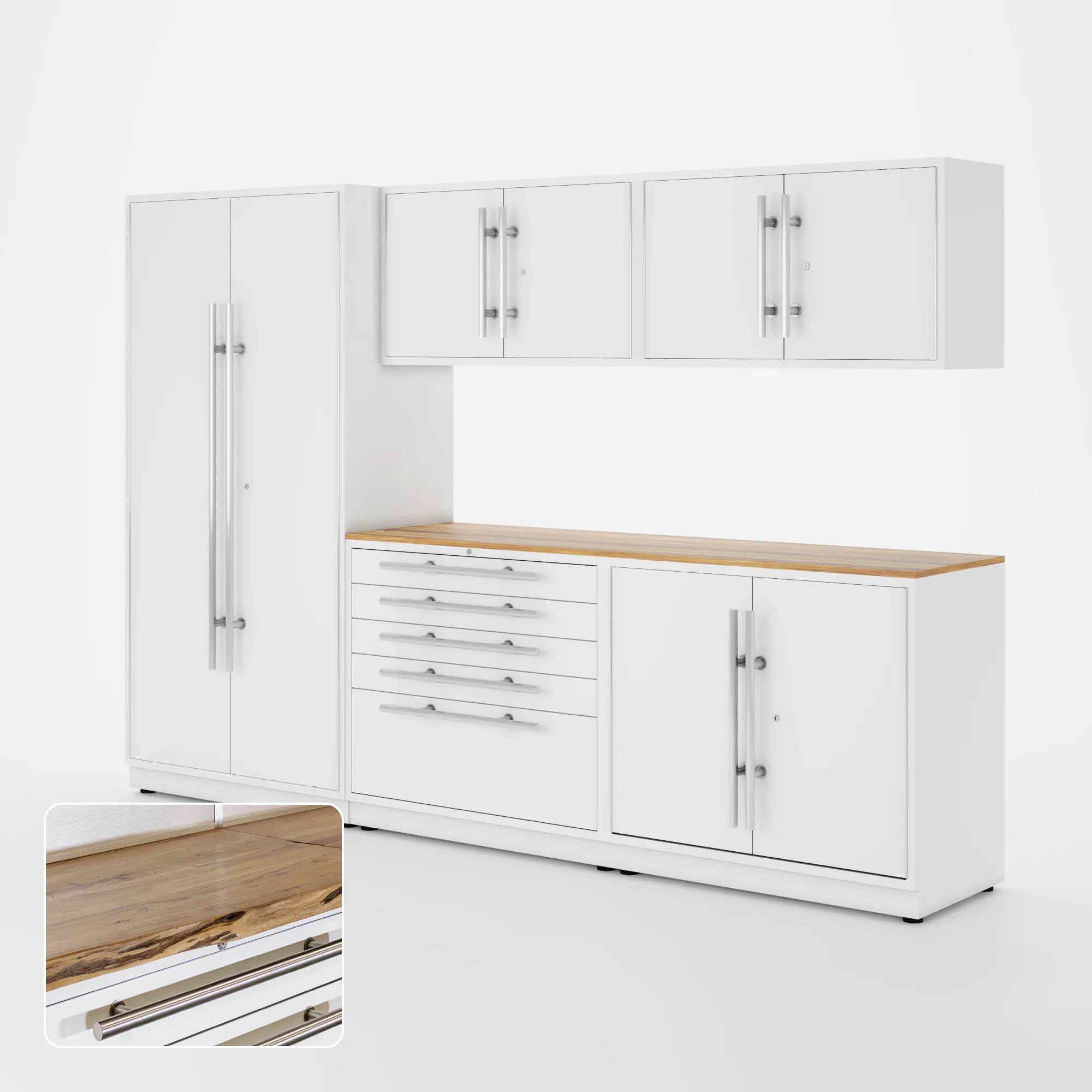 Proslat Lux Cabinets White 6 Piece Set with Live Edge Wood Worktop - LUXSET100021