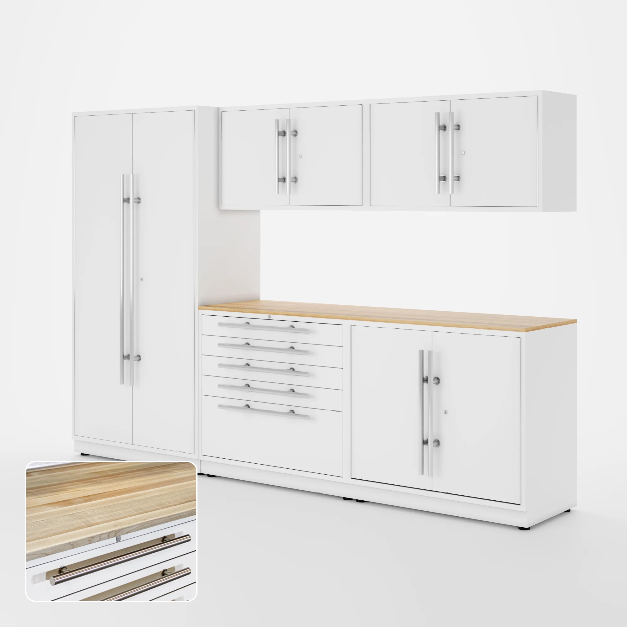 Proslat Lux Cabinets White 6 Piece Set with Maple Wood Worktop - LUXSET100141