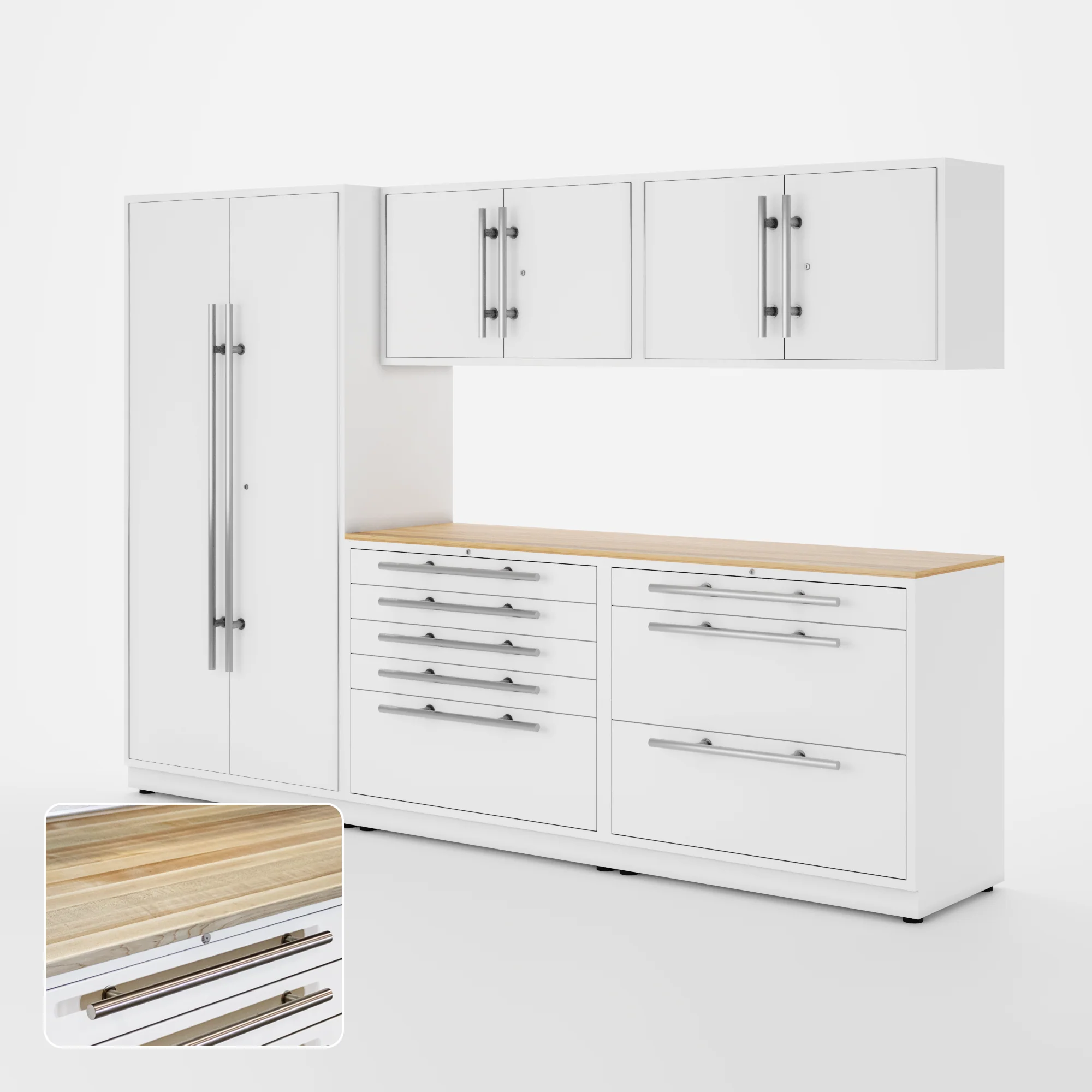 Proslat Lux Cabinets White 6 Piece Set with Maple Wood Worktop - LUXSET100161