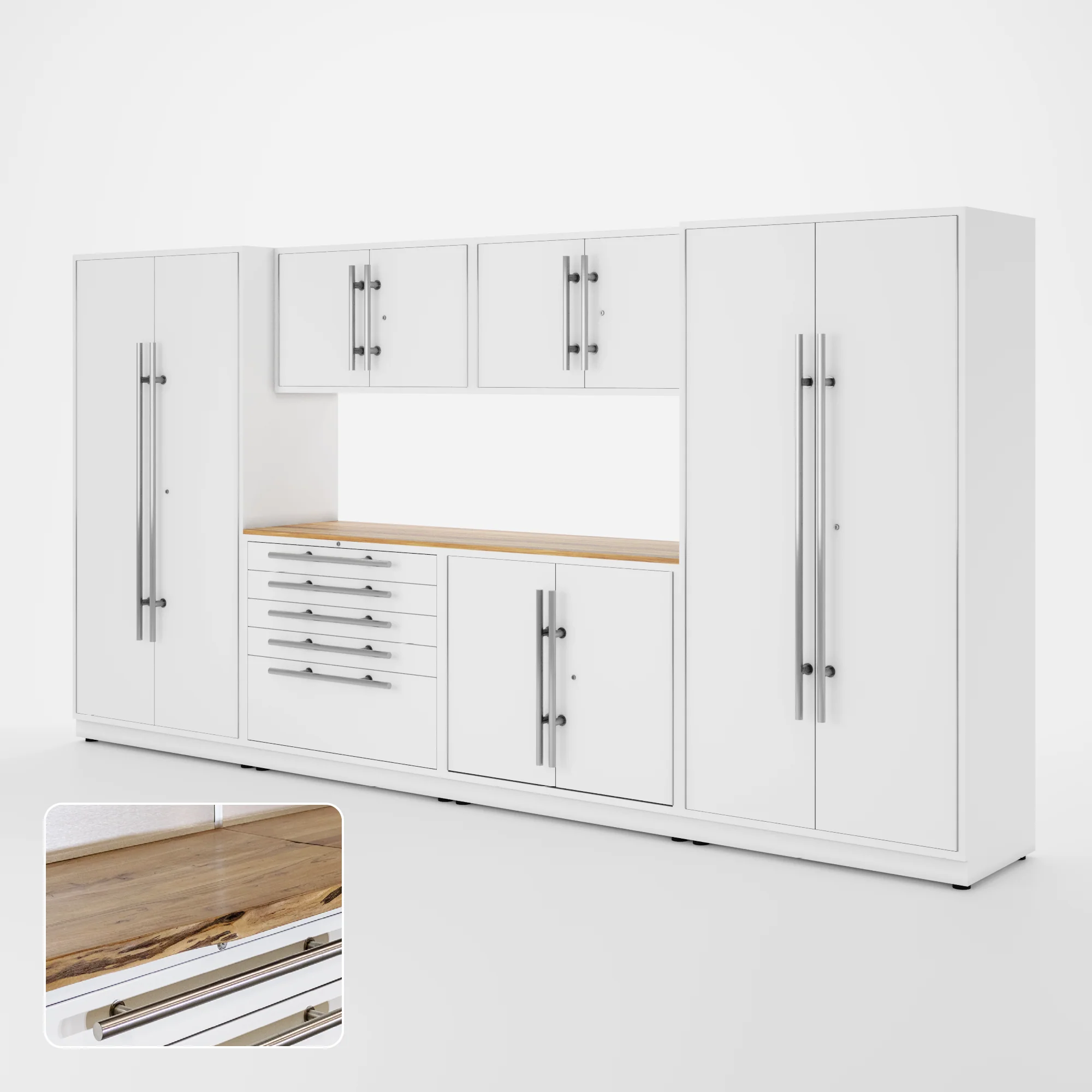 Proslat Lux Cabinets White 7 Piece Set with Live Edge Wood Worktop - LUXSET130021