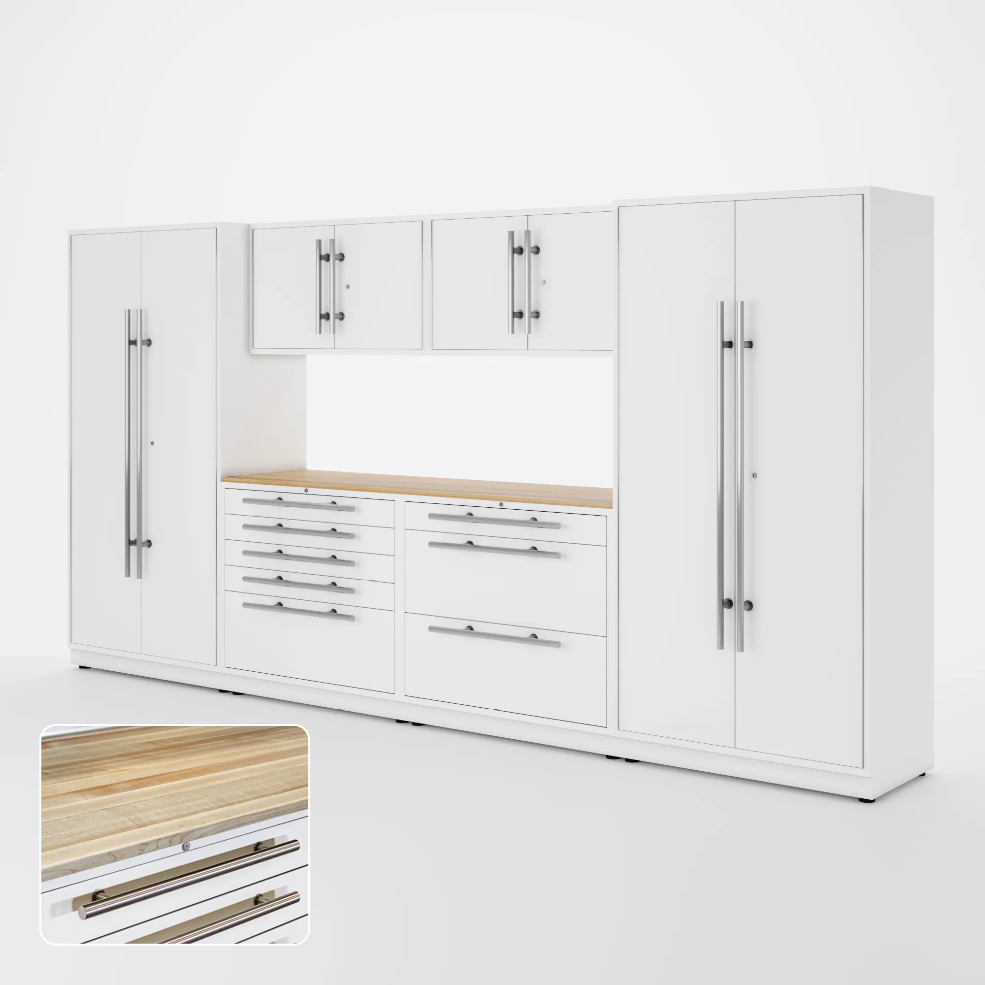 Proslat Lux Cabinets White 7 Piece Set with Maple Wood Worktop - LUXSET130161
