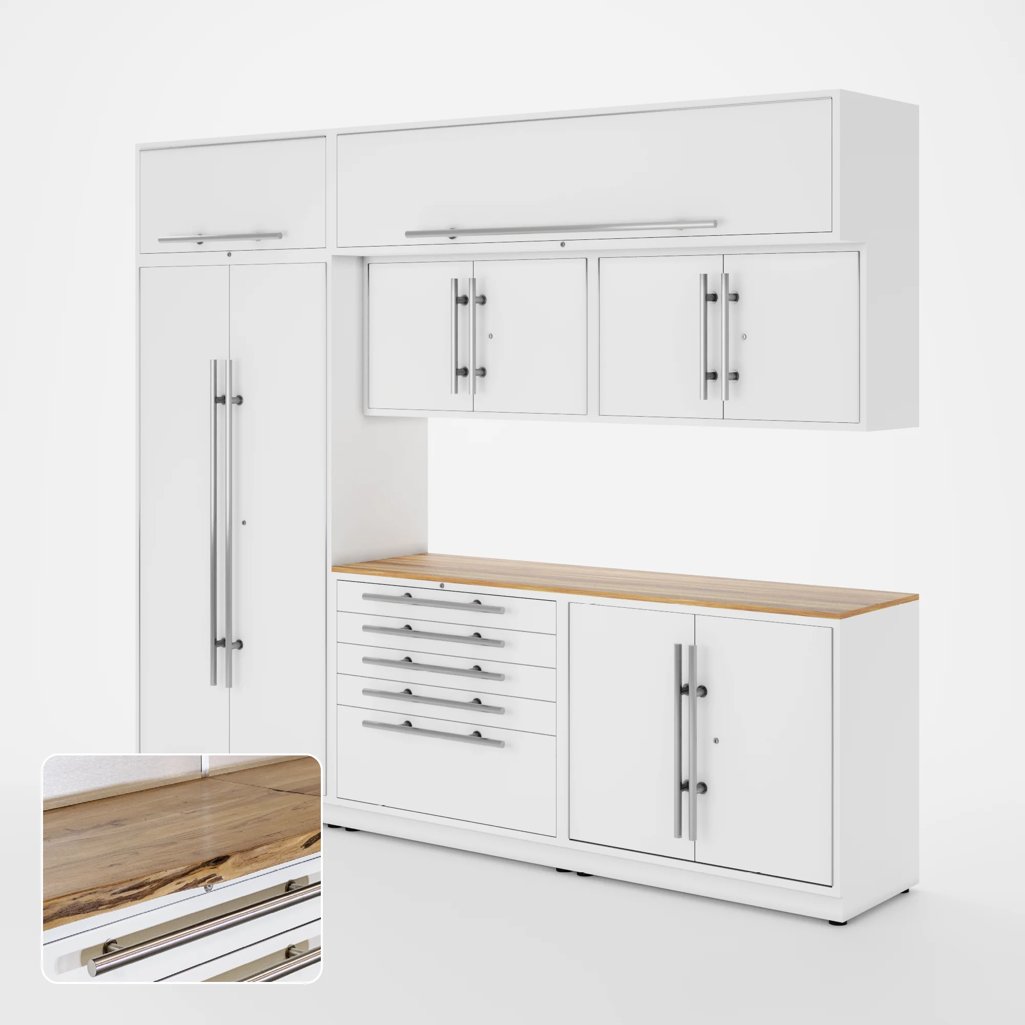Proslat Lux Cabinets White 8 Piece Set with Live Edge Wood Worktop - LUXSET100031