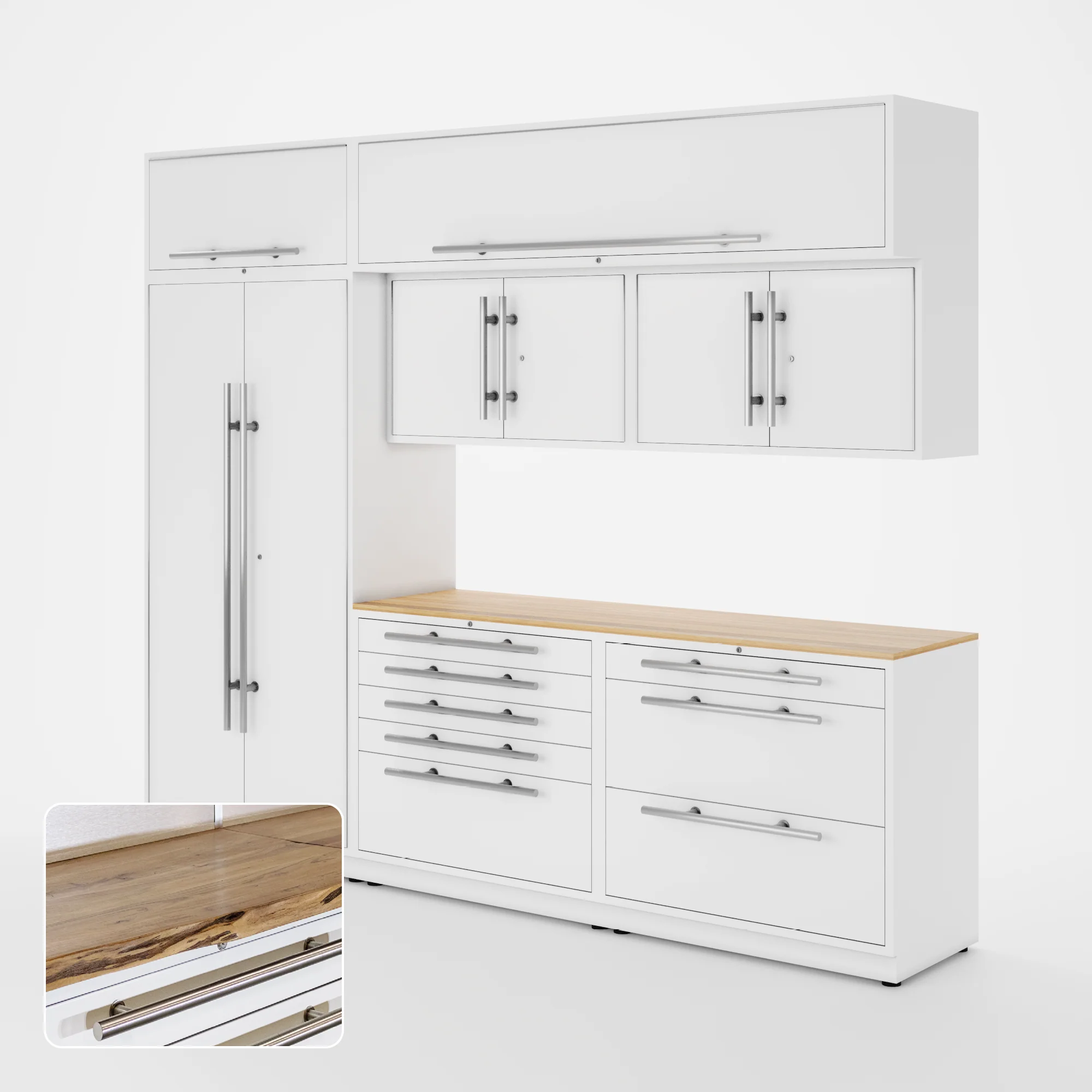 Proslat Lux Cabinets White 8 Piece Set with Live Edge Wood Worktop - LUXSET100051