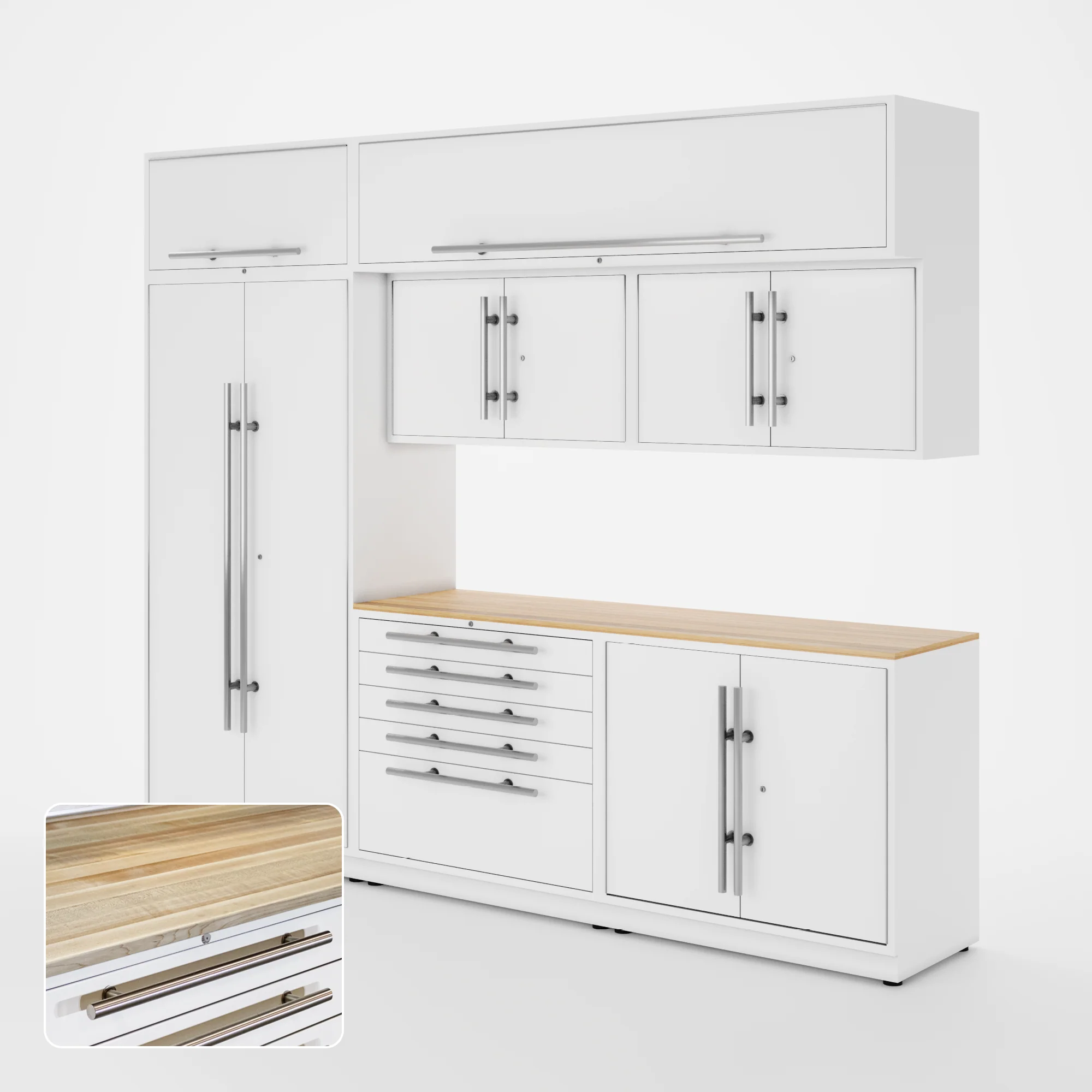 Proslat Lux Cabinets White 8 Piece Set with Maple Wood Worktop - LUXSET100151