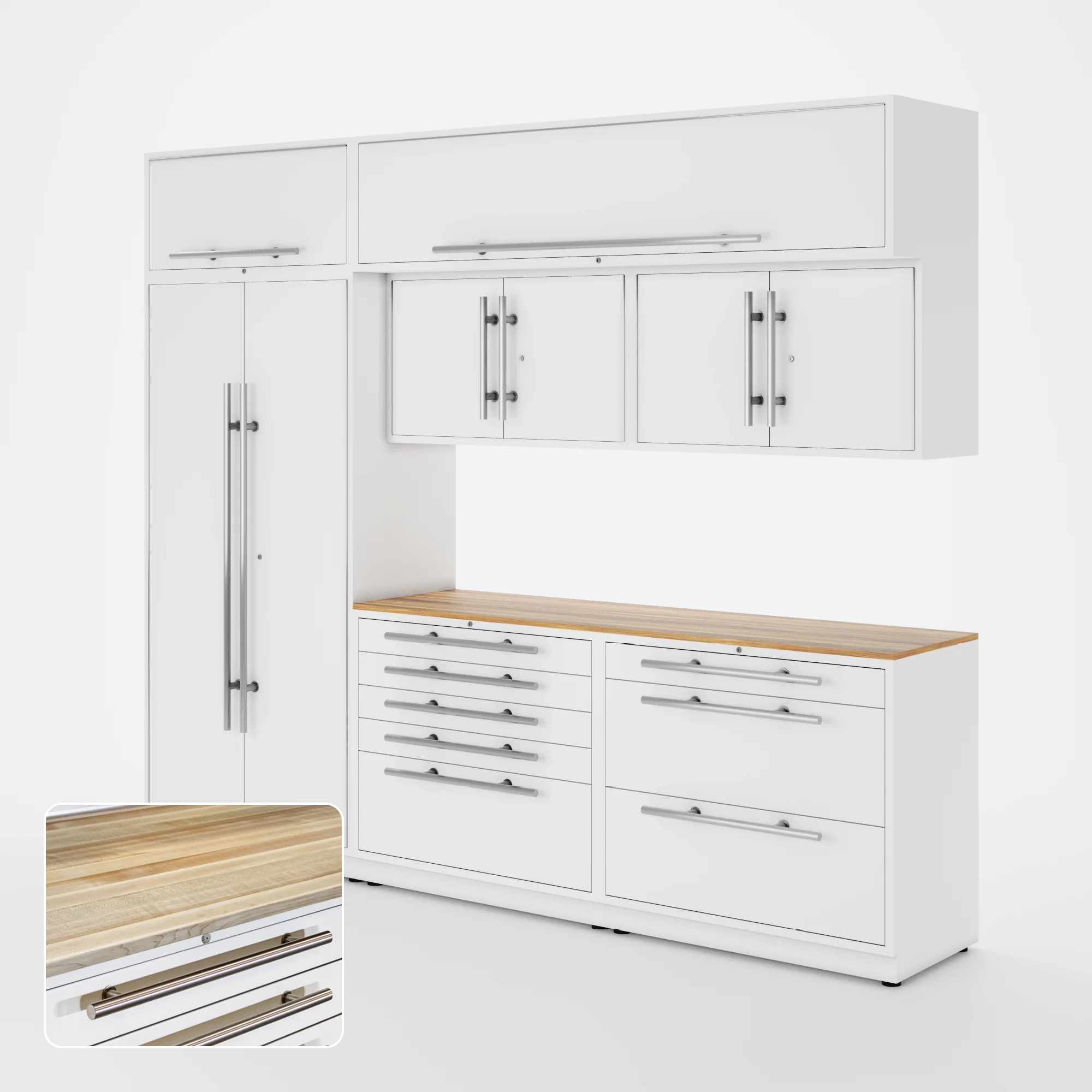 Proslat Lux Cabinets White 8 Piece Set with Maple Wood Worktop - LUXSET100171