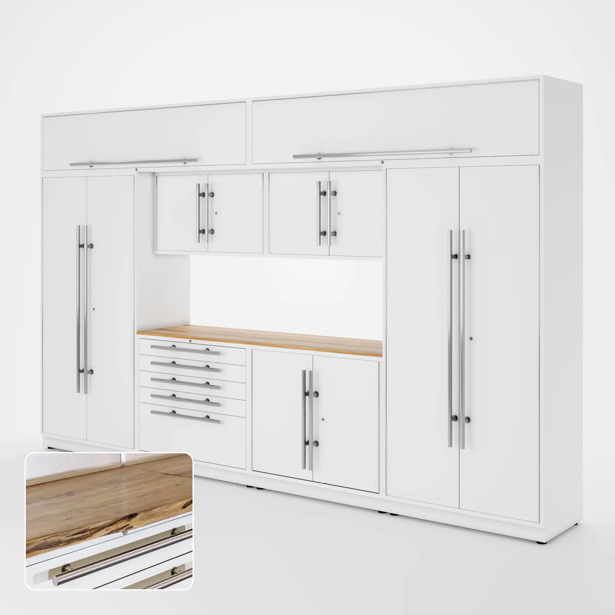 Proslat Lux Cabinets White 9 Piece Set with Live Edge Wood Worktop - LUXSET130031