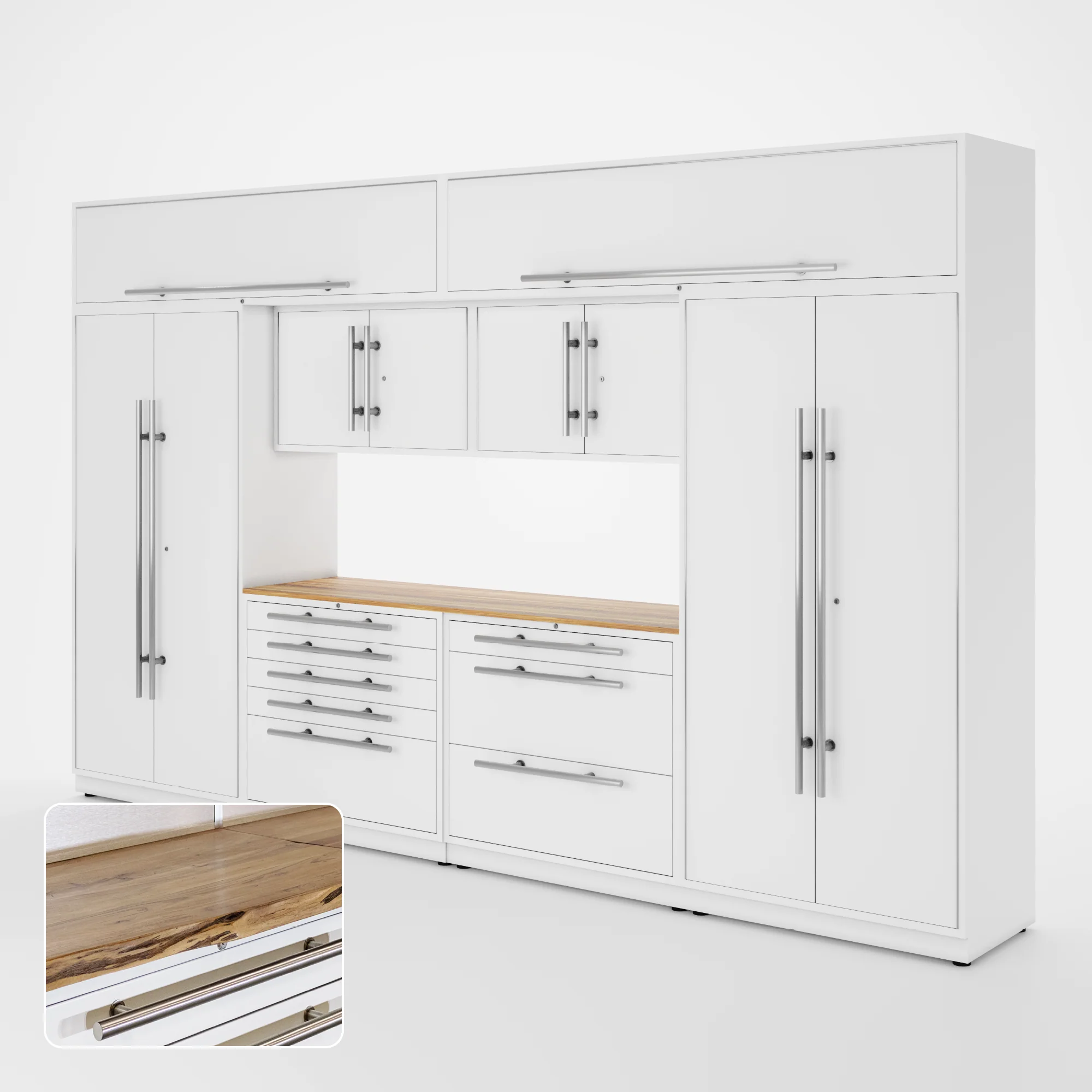 Proslat Lux Cabinets White 9 Piece Set with Live Edge Wood Worktop - LUXSET130051