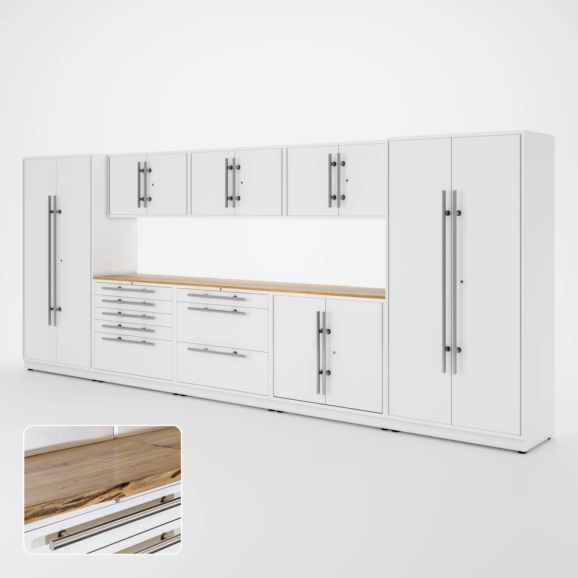 Proslat Lux Cabinets White 9 Piece Set with Live Edge Wood Worktop - LUXSET160021