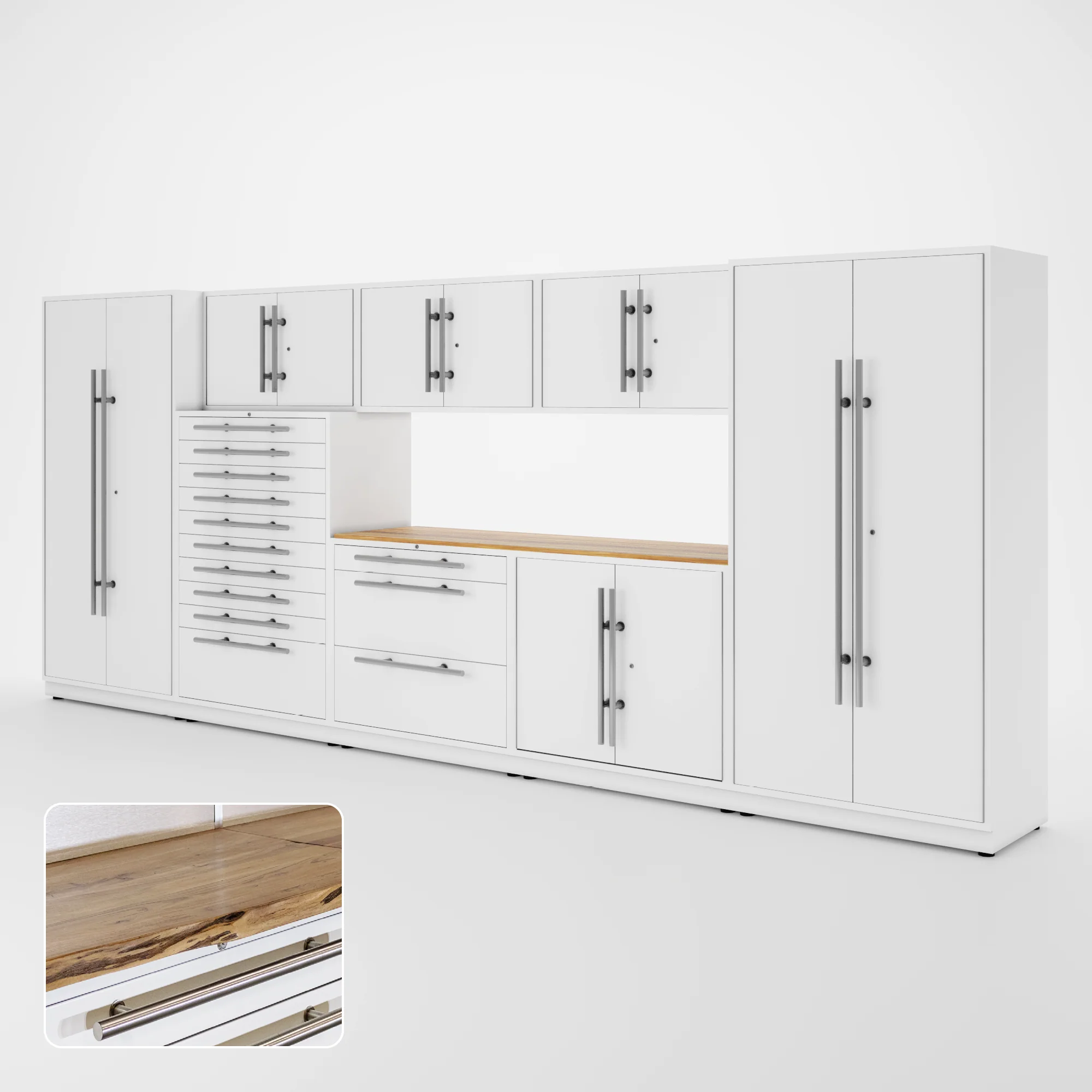 Proslat Lux Cabinets White 9 Piece Set with Live Edge Wood Worktop - LUXSET160041