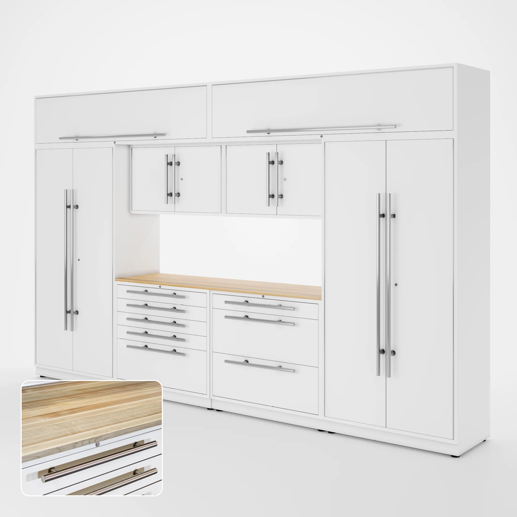 Proslat Lux Cabinets White 9 Piece Set with Maple Wood Worktop - LUXSET130171