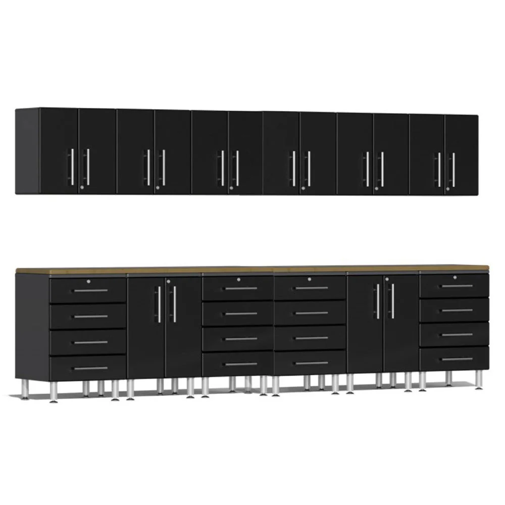 Ulti-MATE Garage 2.0 Series Black Metallic 14-Piece Set with Bamboo Worktop