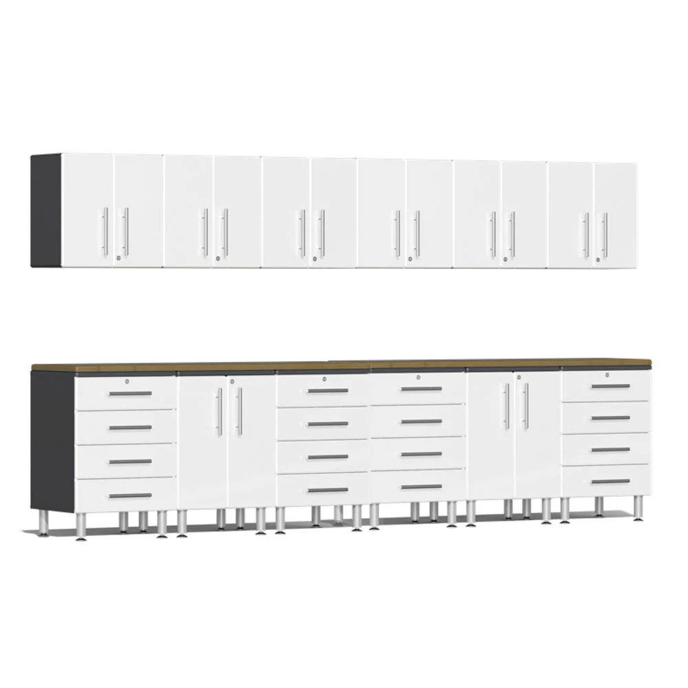 Ulti-MATE Garage 2.0 Series White Metallic 14-Piece Set with Bamboo Worktop
