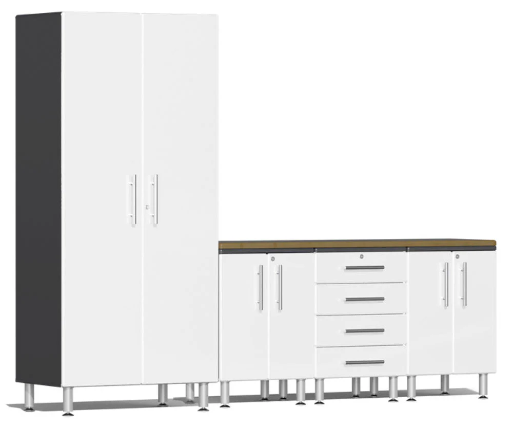 Ulti-MATE Garage 2.0 Series White Metallic 5 Piece Set with Bamboo Worktop