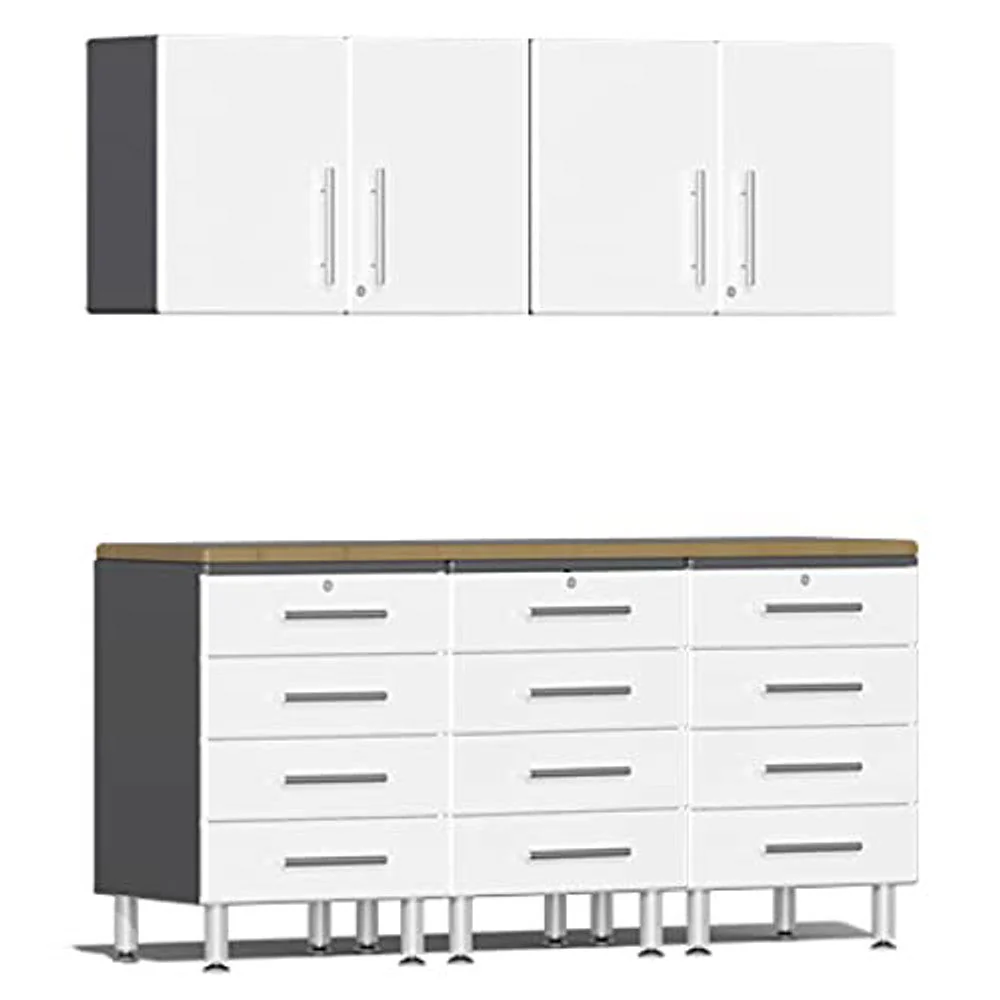 Ulti-MATE Garage 2.0 Series White Metallic 6-Piece Kit w/Bamboo Worktop