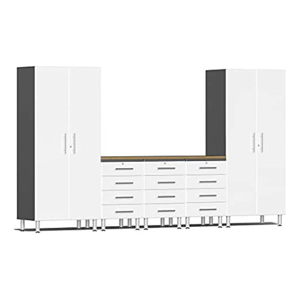Ulti-MATE Garage 2.0 Series White Metallic 6-Piece Kit with Bamboo Worktop