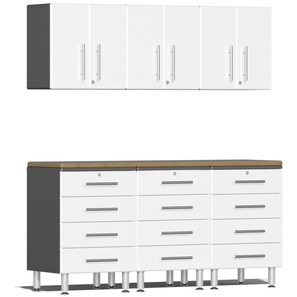 Ulti-MATE Garage 2.0 Series White Metallic 7-Piece Kit w/Bamboo Worktop