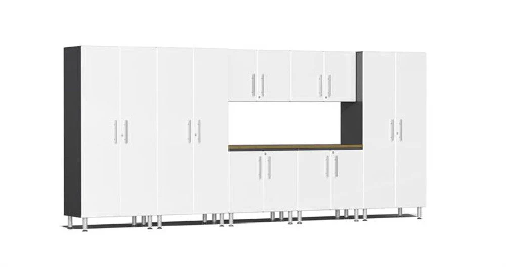 Ulti-MATE Garage 2.0 Series White Metallic 8-Piece Combo with Bamboo Worktop