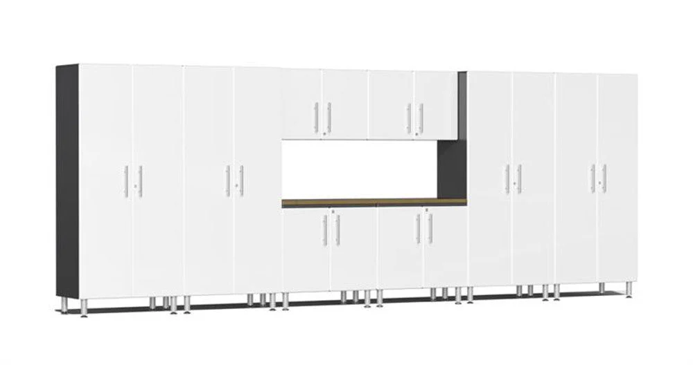 Ulti-MATE Garage 2.0 Series White Metallic 9-Piece Combo with Bamboo Worktop